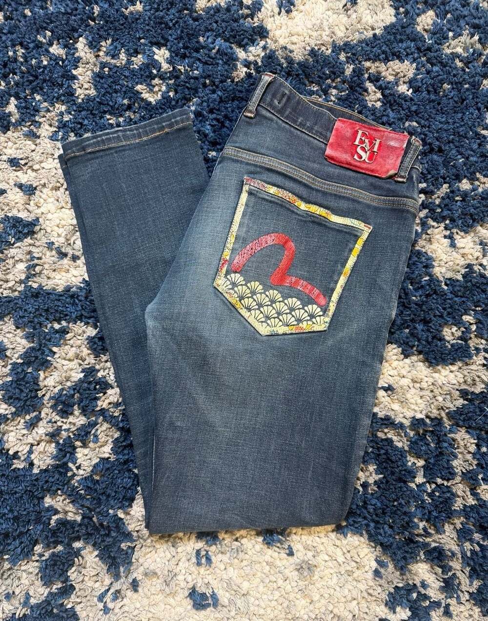 Evisu Slim Straight Jeans Size 32 Blue Denim Red Seagull Pocket